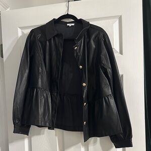 Chic Black Faux Leather Peplum Jacket with Gold Buttons NWOT